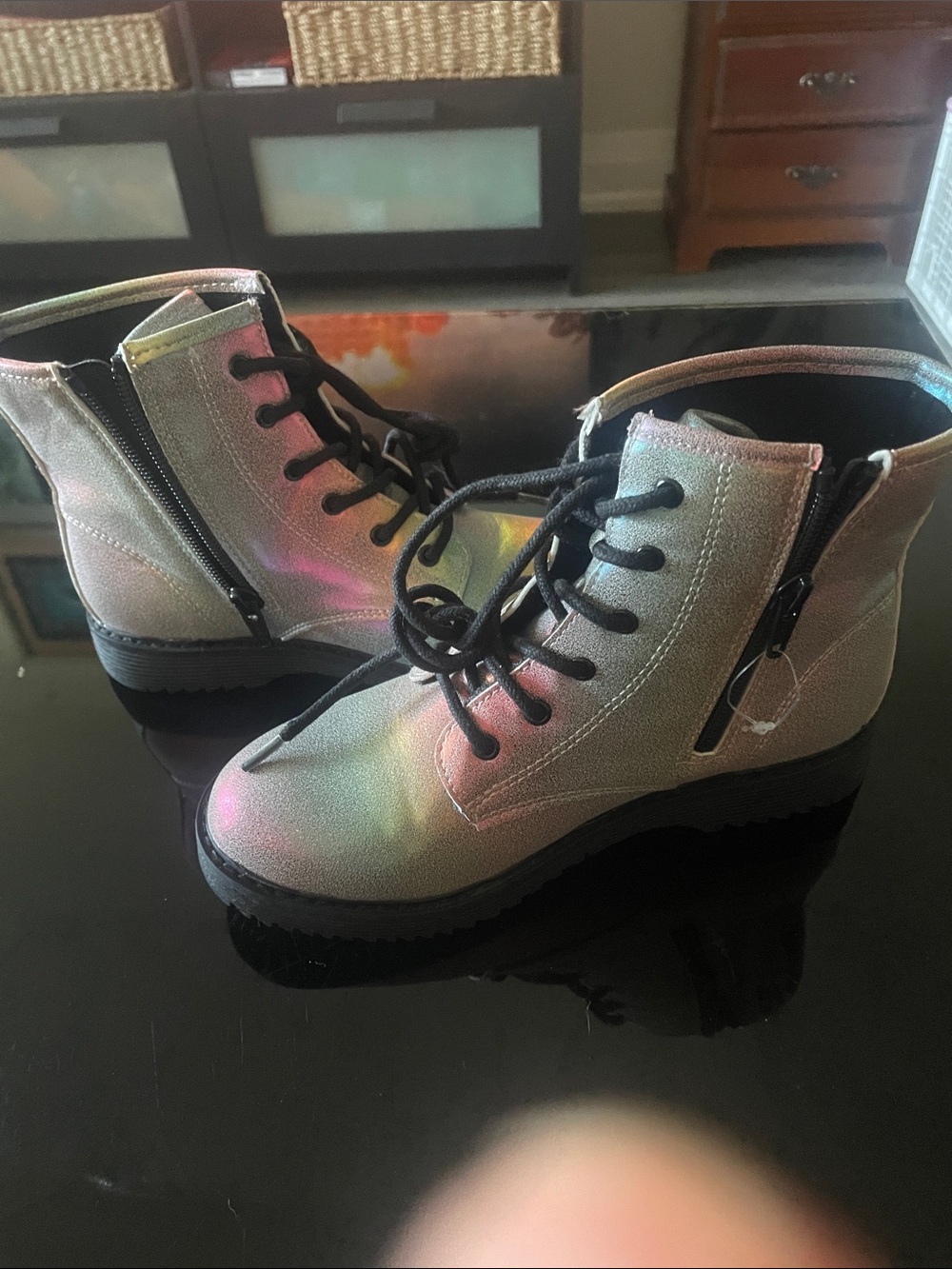 Children Place Holographic Lace-Up Combat Boots with Side Zip size 3 girls new